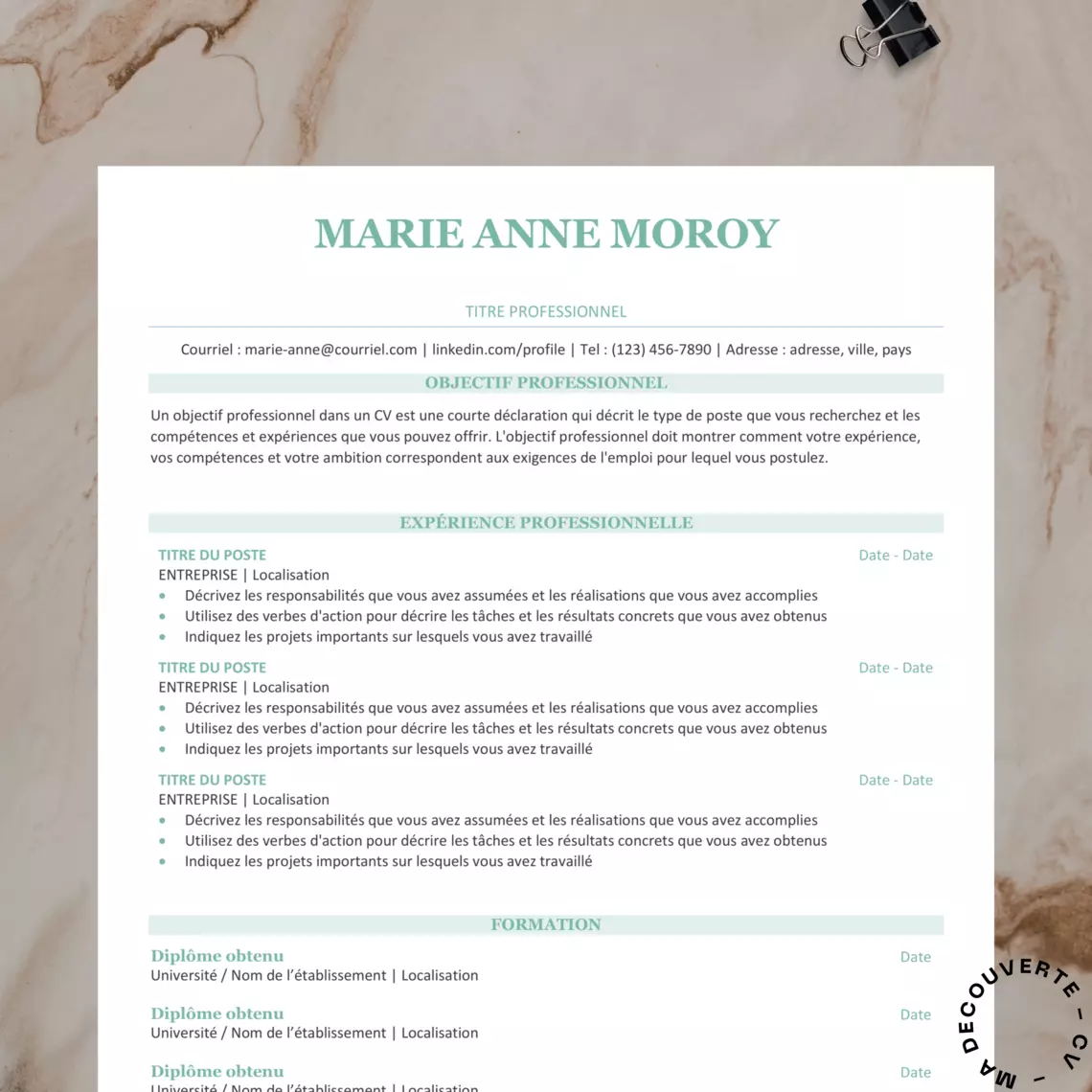 MODÈLE DE CV SIMPLE & EFFICACE - BLEU VERT (7)